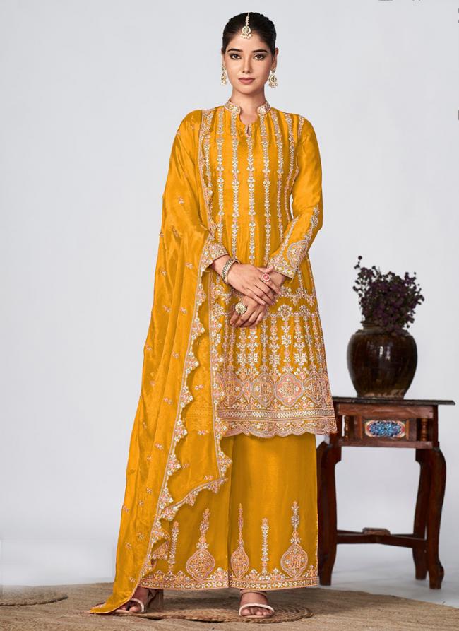 Heavy Premium Chinnon Yellow Wedding Wear Embroidery Work Readymade Sharara Suit